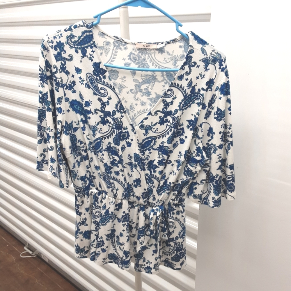 miami White and Blue Paisley Wrap-Style Blouse
